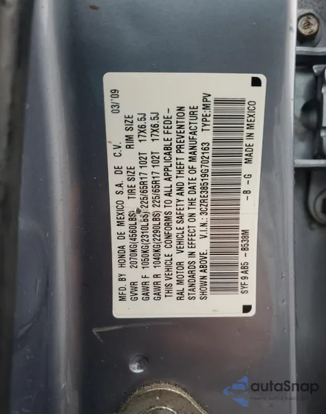 2009 Honda Cr-V Ex z USA, uszkodzony, nr VIN 3CZRE38519G702163